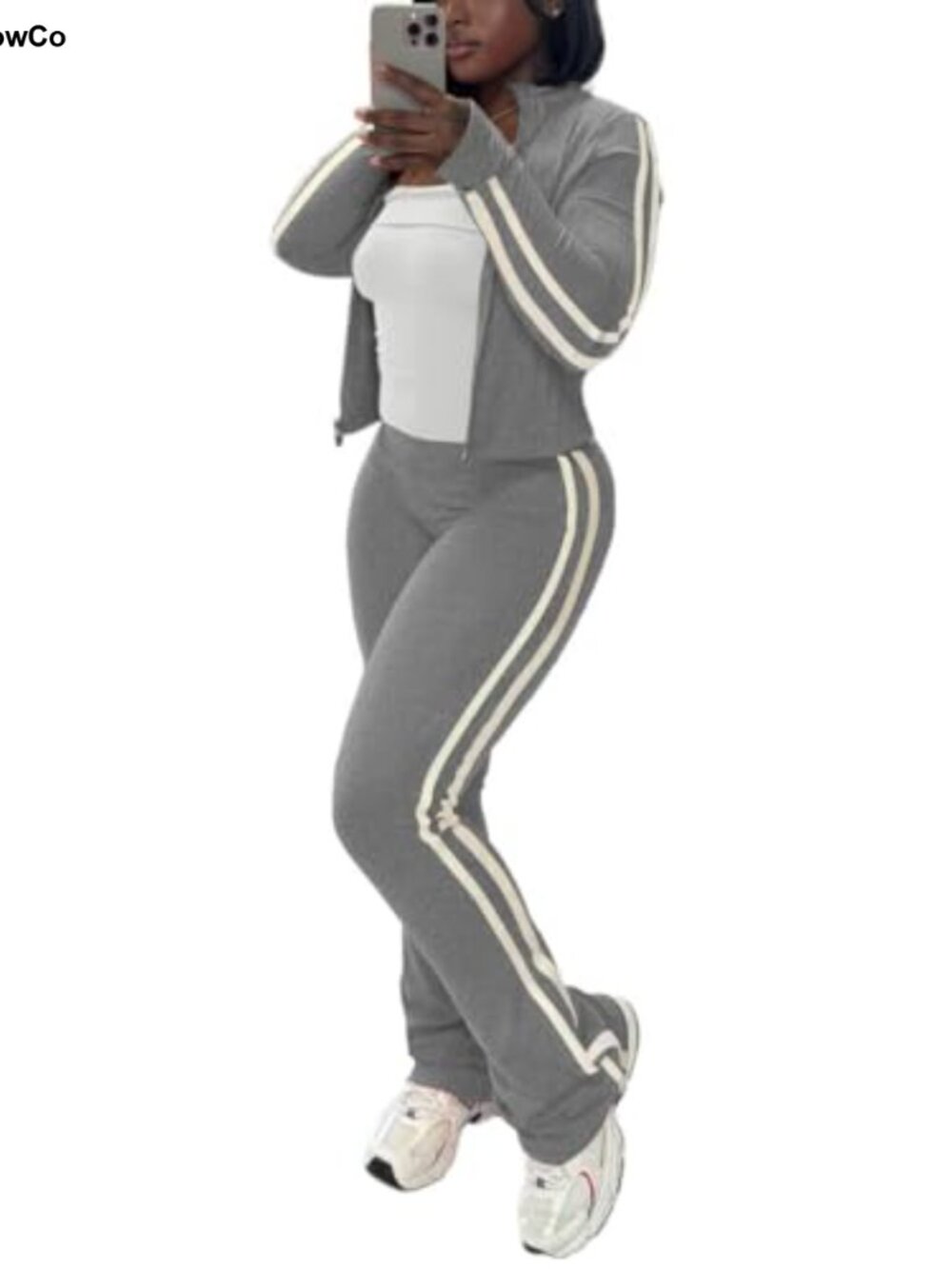 2 Piece Sweatsuit Zip Up Crop Top Flare Pants Striped Tracksuit